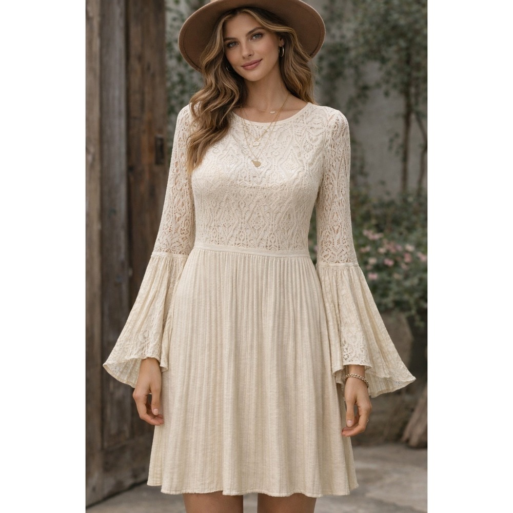 Anthropologie Floreat Serena Bell Sleeve Boho‎ Chic Knit Ivory Midi Dress Size S